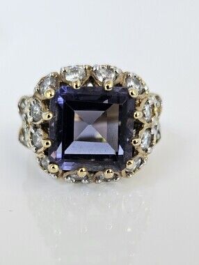 Vintage Emerald Cut Amethyst & Diamond Simulant 18k Yellow Gold Vermeil Size 7!